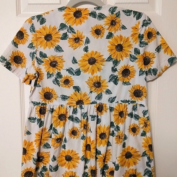 H&m Sunflower Print 100% Cotton Short Sleeve V-Neck Babydoll Mini Dress XS - Picture 4 of 5